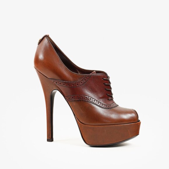 Louis Vuitton Brown Leather Lace Peep Toe Oxford Pumps - Picture 1 of 11